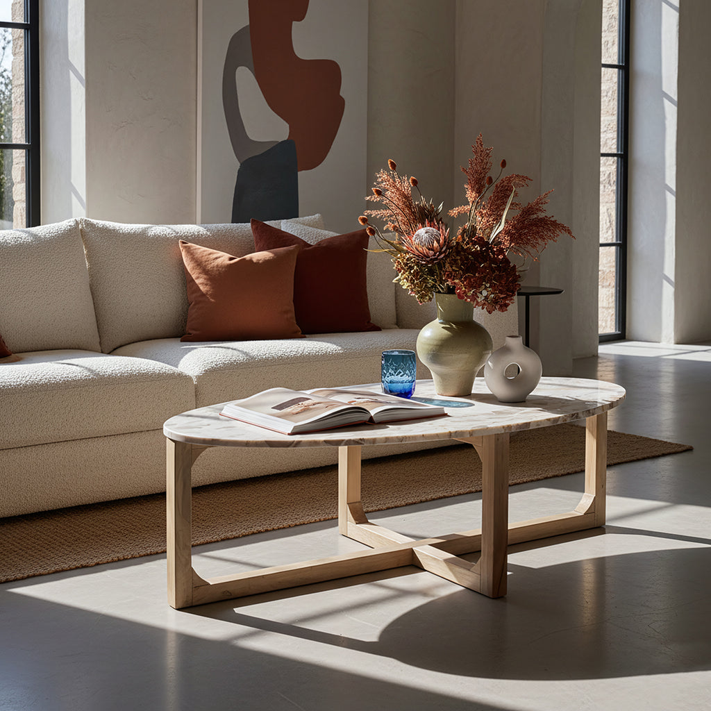 Table basse ovale marbre crème et bois pour salon – 120x60 cm