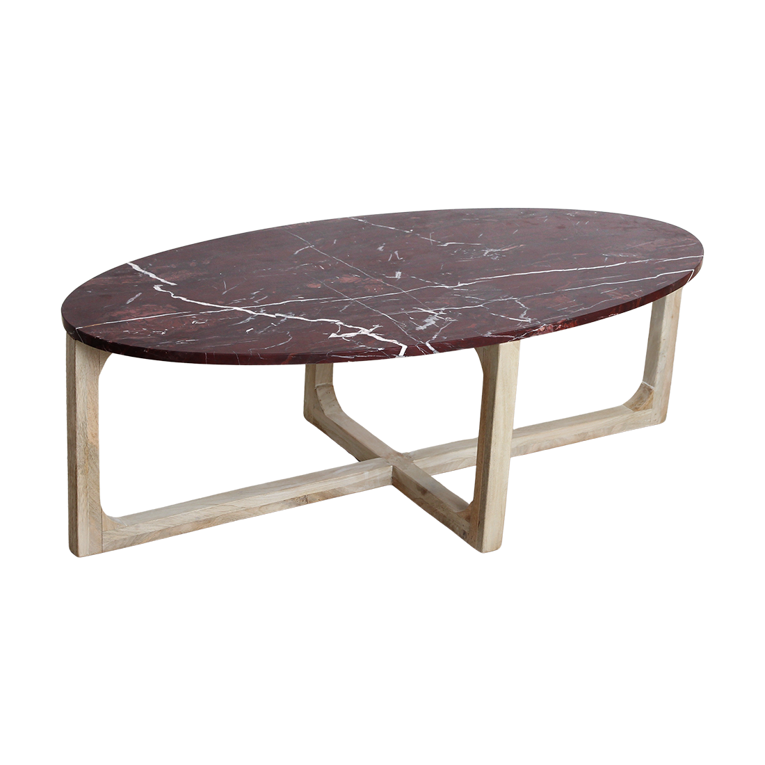Table basse marbre bordeaux veiné bois clair salon – 120x65 cm