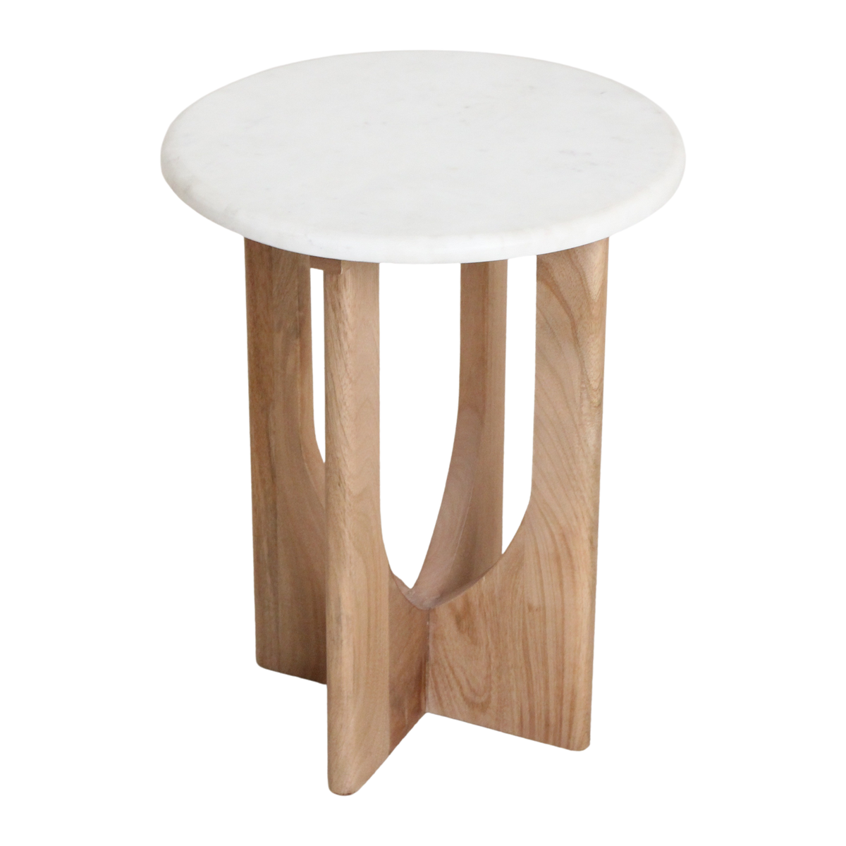 Table d’appoint ronde en marbre blanc et bois clair sculpté – H50 cm