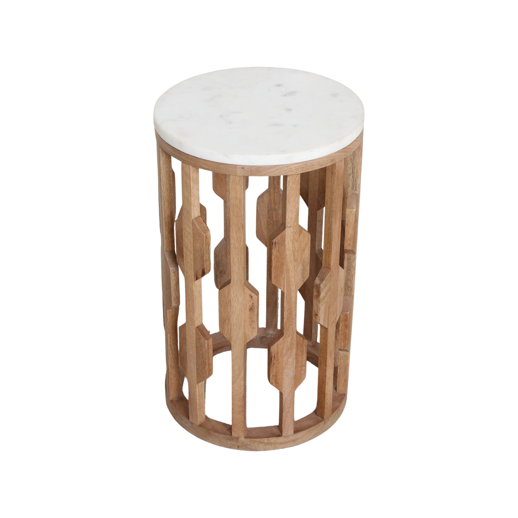 Table d’appoint marbre blanc et bois sculpté ajouré – Ø40 cm