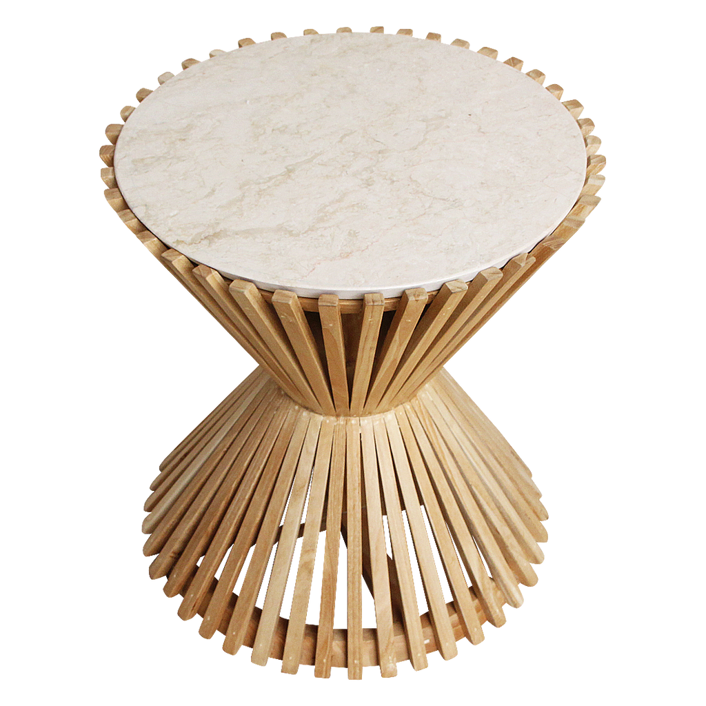 Guéridon rond en marbre clair base sablier en bois naturel – Ø46 cm