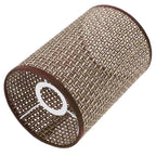 Vue générale de l'abat-jour en rotin cylindrique avec bordure marron.