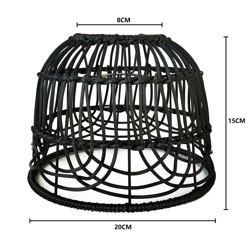 Abat-jour en rotin noir, vue avec dimensions indiquées pour une taille de 20 cm sur 15 cm.