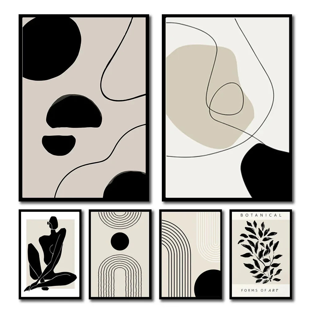 Impressions d’art abstrait encadrées formes noires fond beige sur toile pour décoration intérieure