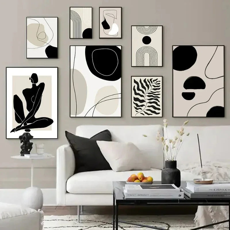 Oeuvre d art mural abstraite avec formes organiques noires et beiges sur toile peintre