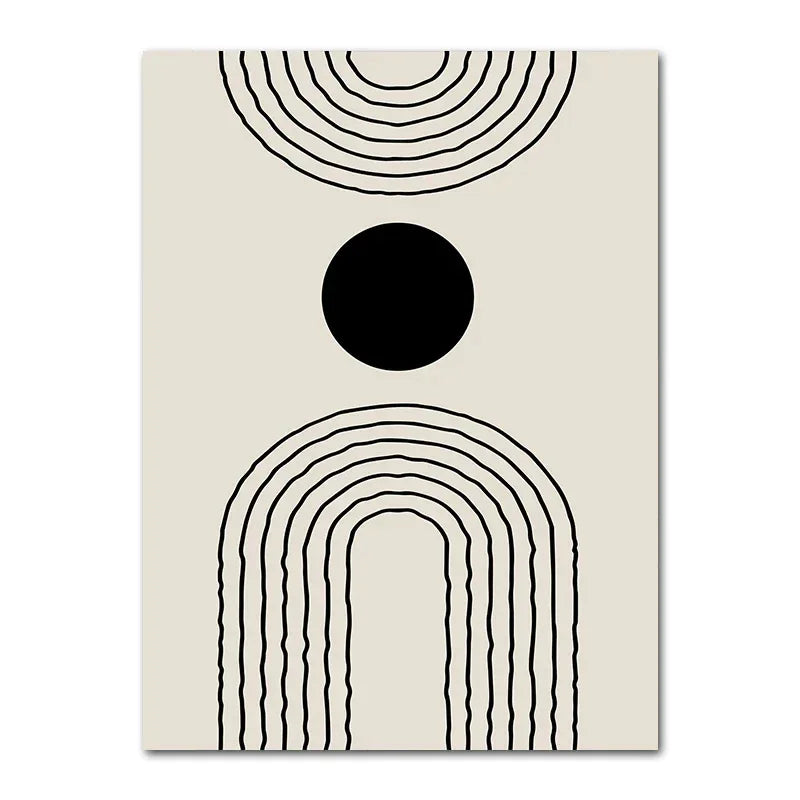 Affiche murale abstraite en toile beige et noire motif cercle et lignes