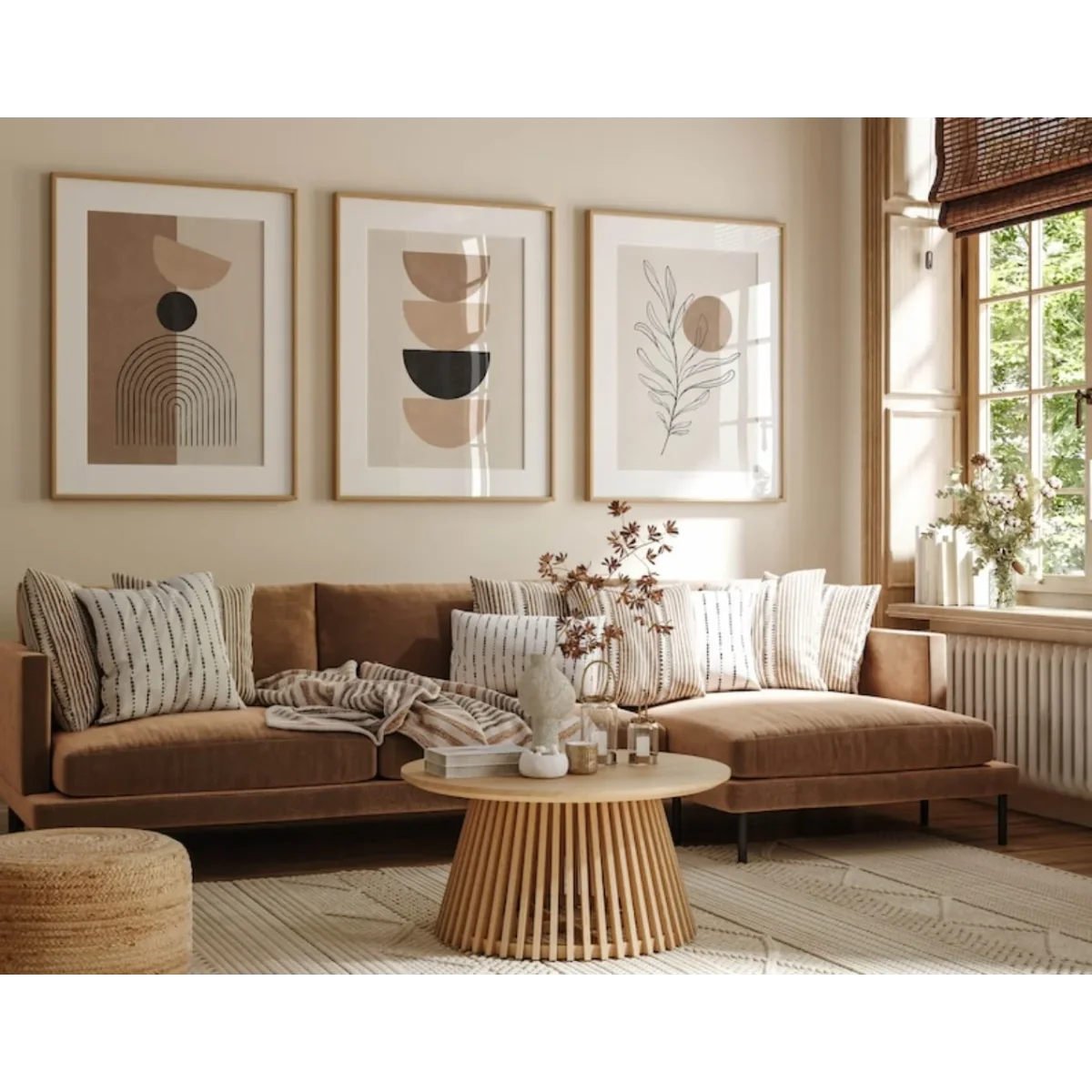 Intérieur de salon chaleureux avec Affiche murale géométrique sur toile Set de 3