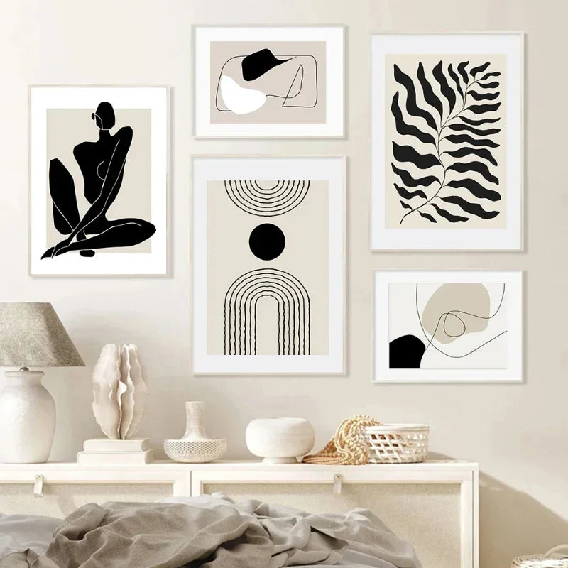 Affiche murale motif feuilles noires pour galerie mur art set moderne et élégant