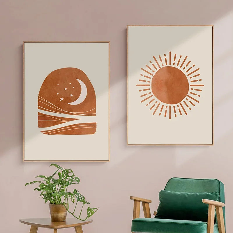 Affiche murale soleil en toile beige et ocre