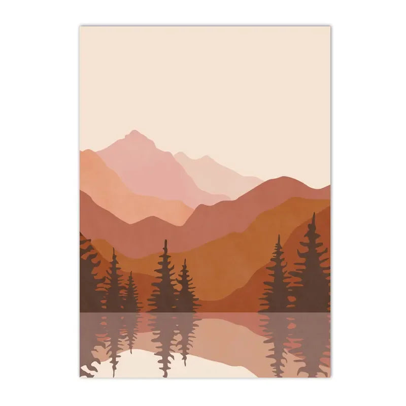 Affiche paysage sapins et lac en toile terracotta