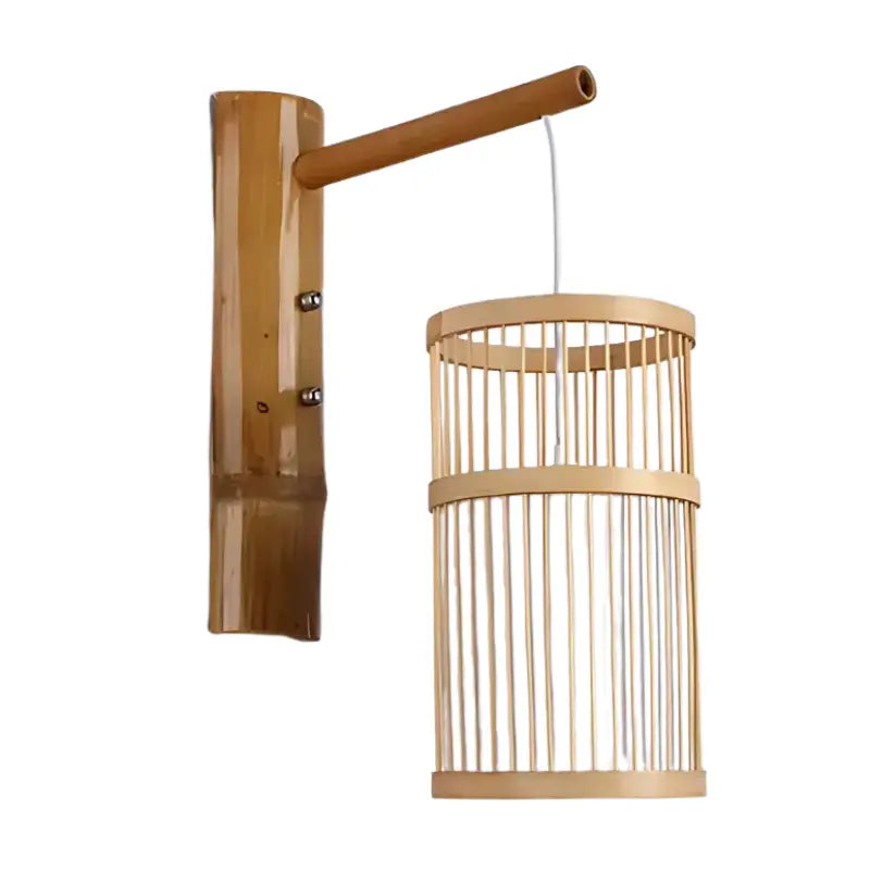 Détail du tressage en bambou naturel de l'applique murale cylindrique