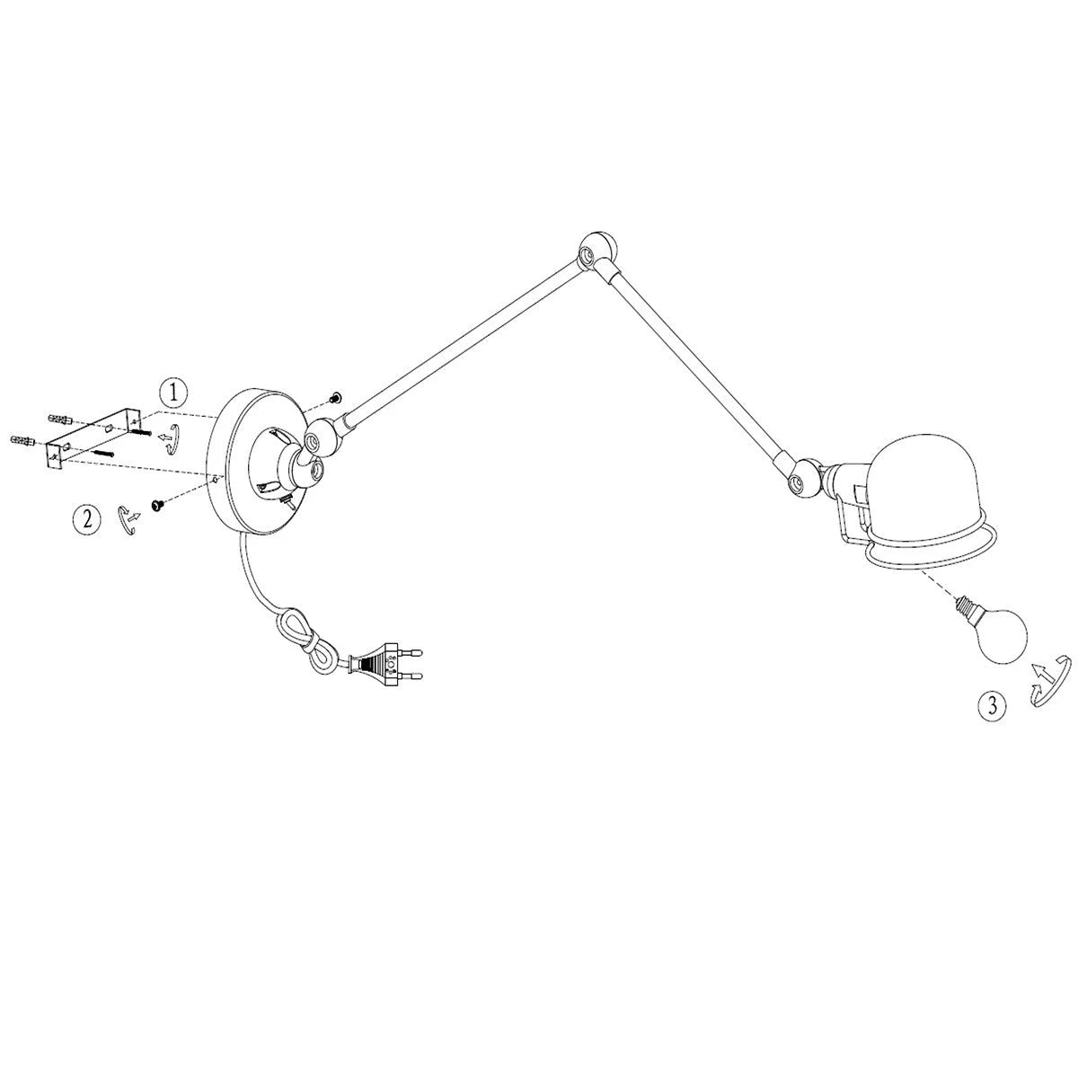 Diagramme de lampe murale en métal noir bras articulé orientable Ø10,5 cm
