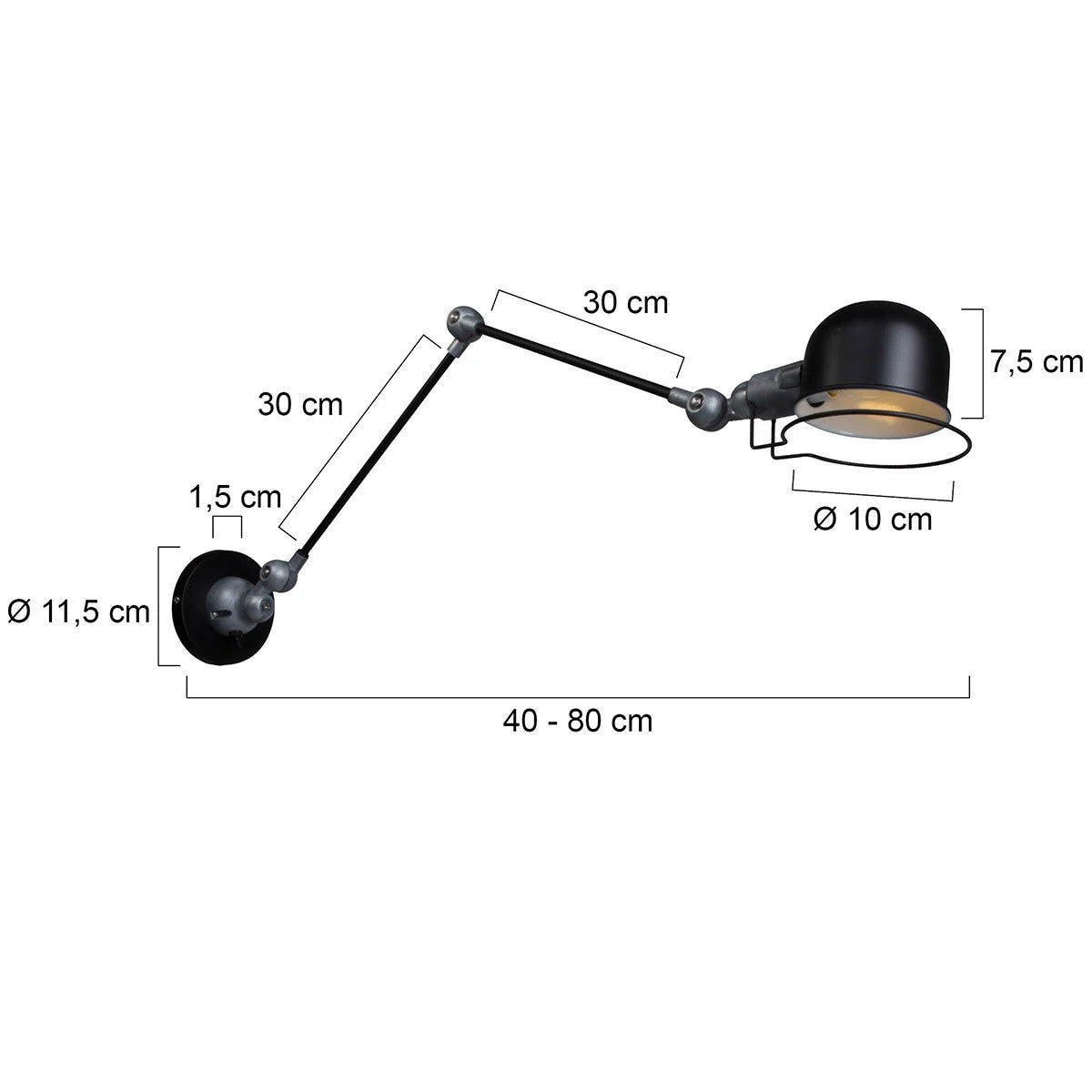 Applique murale en métal noir bras articulé orientable avec dimensions Ø10,5 cm