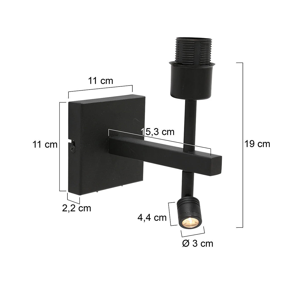 Projecteur mural en métal noir avec liseuse LED orientable, H19 cm