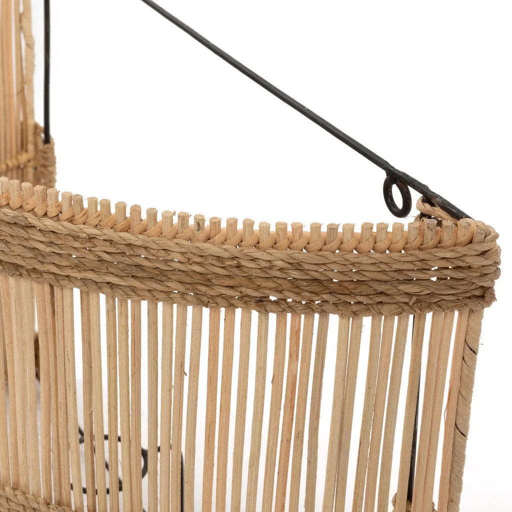 Panier suspendu en rotin ajouré naturel avec anse fil métallique noir
