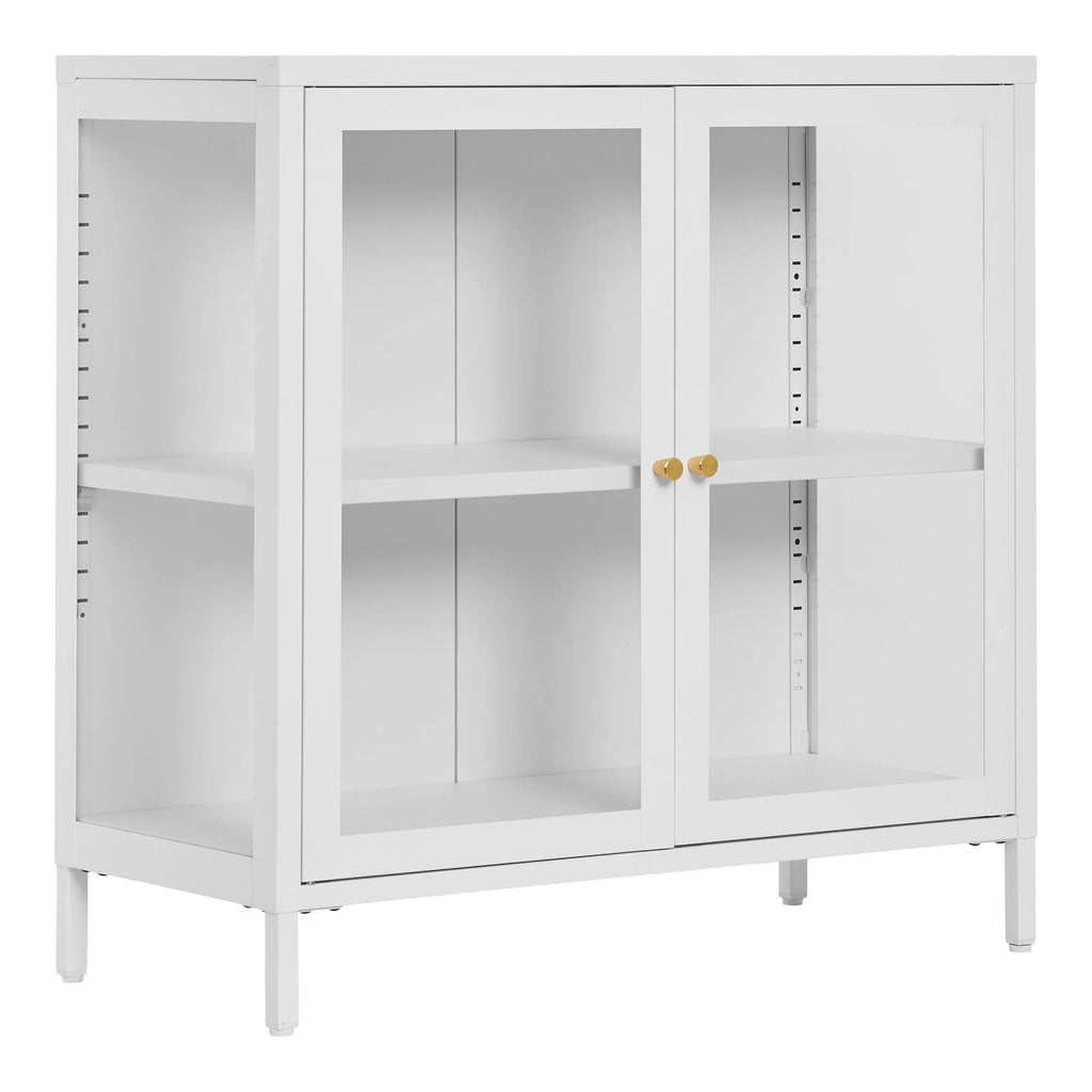 Armoire vitrée en acier blanc avec poignées dorées, 80x35 cm