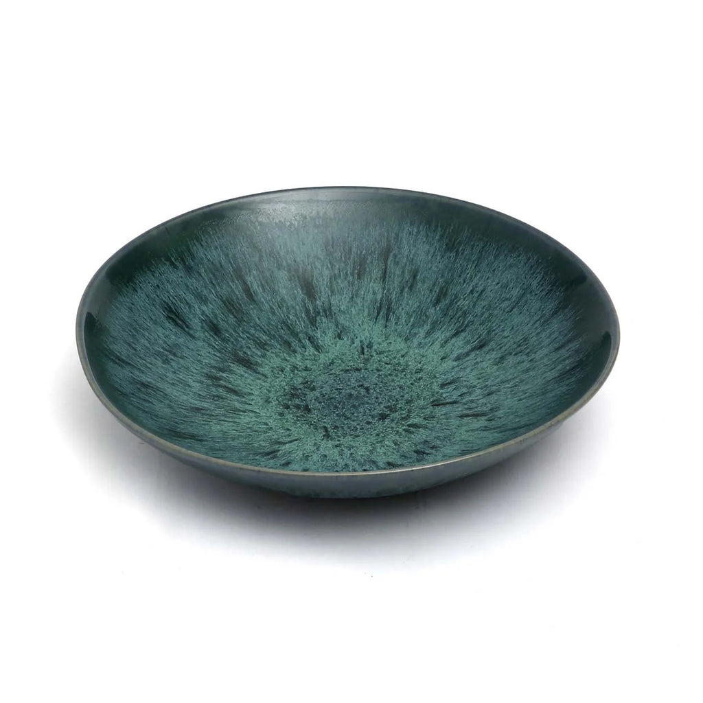 Assiette creuse en grès émaillé vert émeraude moucheté, bol céramique teal brillant