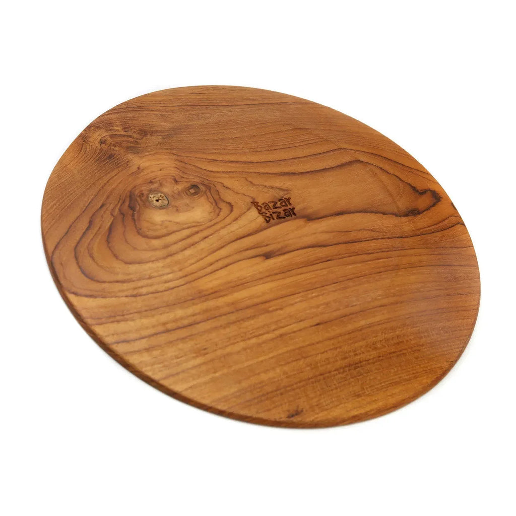Plateau en teck naturel avec veines apparentes, ovale, diamètre 34,5 cm