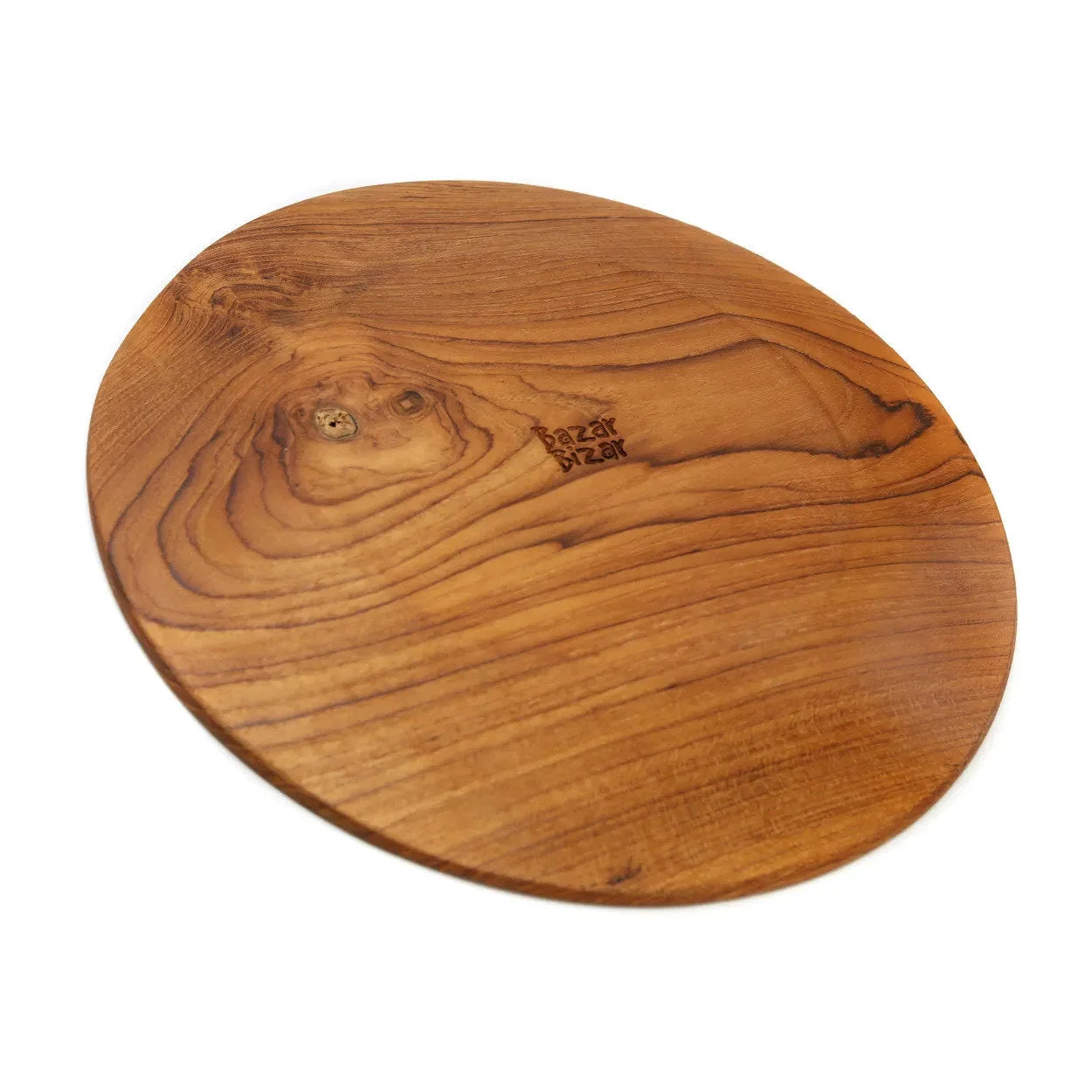 Plateau en teck naturel avec veines apparentes, ovale, diamètre 34,5 cm