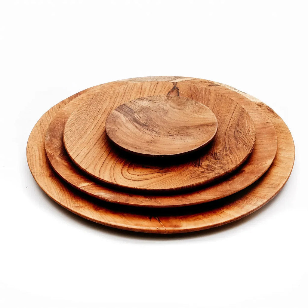Plateau rond en bois de teck naturel avec veinures apparentes, empilé, diamètre 34,5 cm