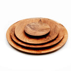 Plateau rond en bois de teck naturel avec veinures apparentes, empilé, diamètre 34,5 cm