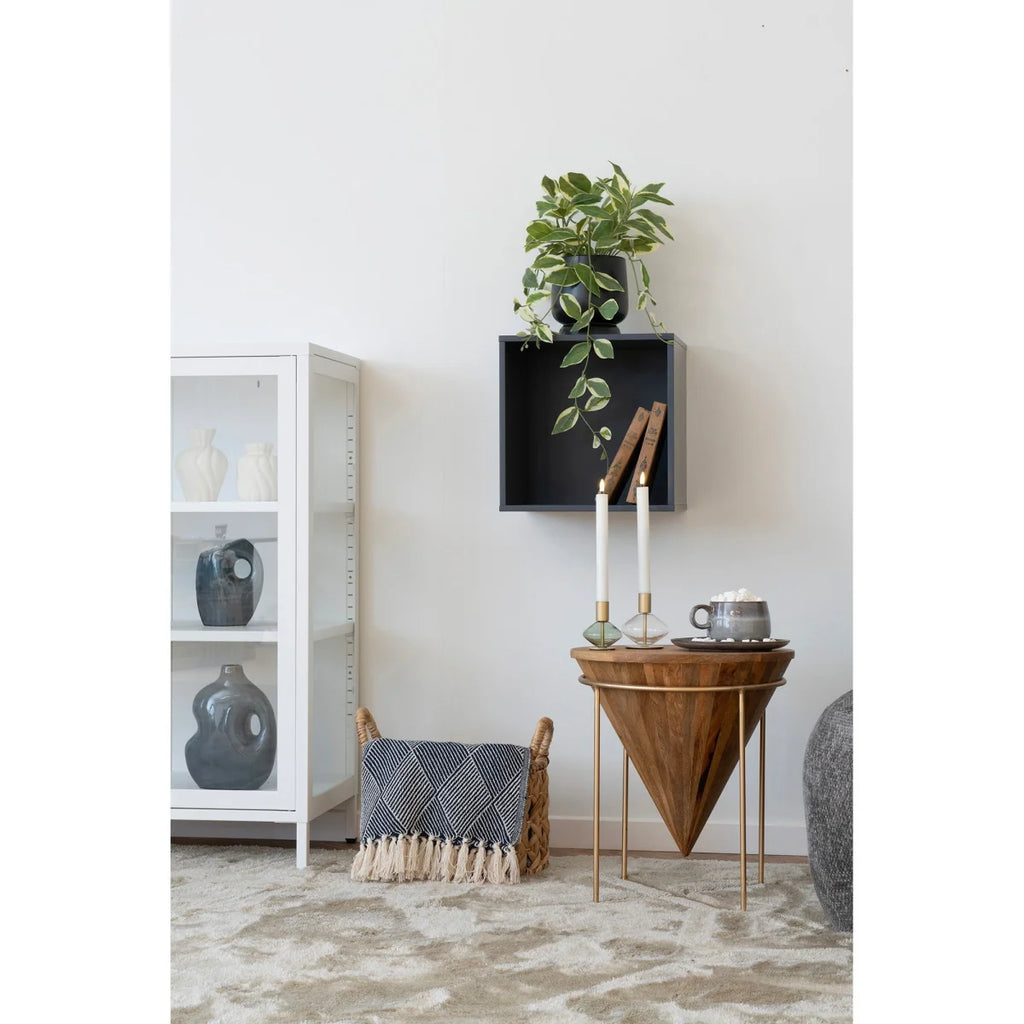 Table d’appoint conique en bois avec pieds en métal doré, lot de 4 assiettes en grès gris marron ø21 cm