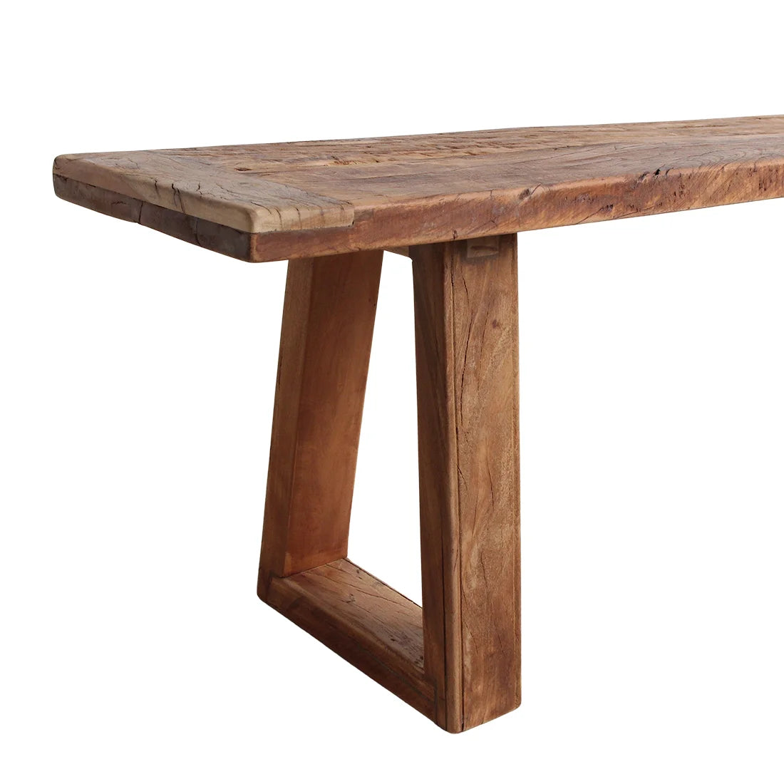 Tableau en bois recyclé brun pieds trapèze 200x30 cm rustique