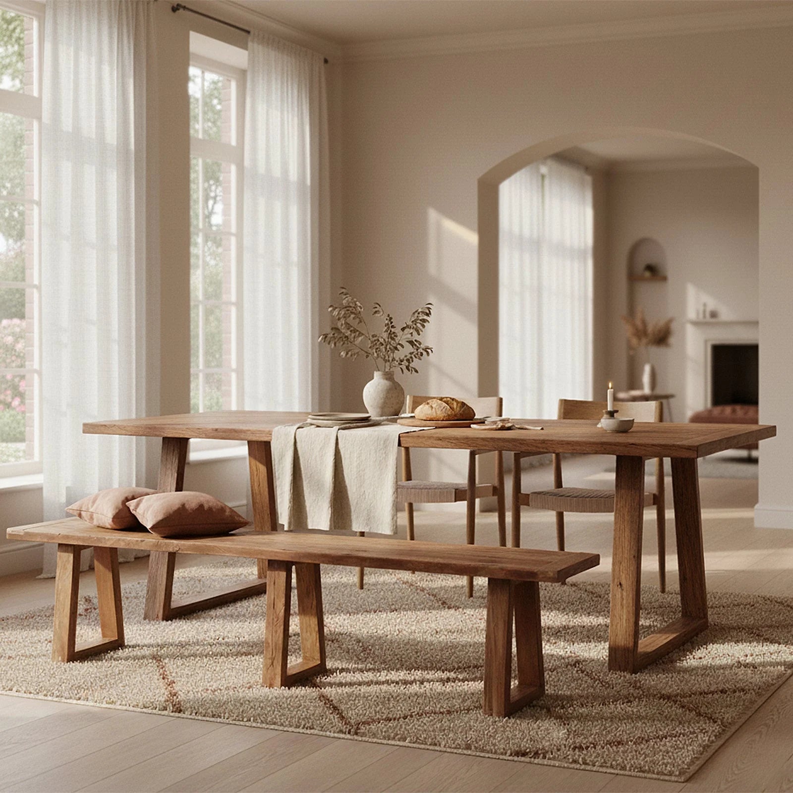 Table à manger en bois recyclé brun, pieds trapèze, 200x30 cm