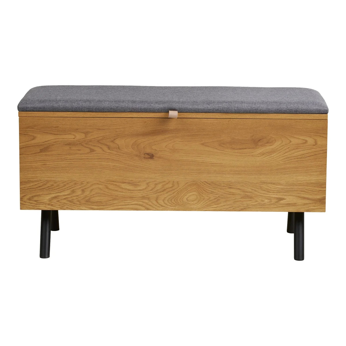 Banc coffre bois effet chêne, assise grise, pieds noirs 92x33 cm