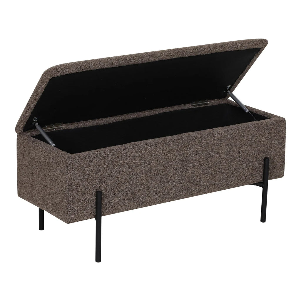 Banc coffre en tissu chiné taupe, pieds noirs élancés 95x36 cm