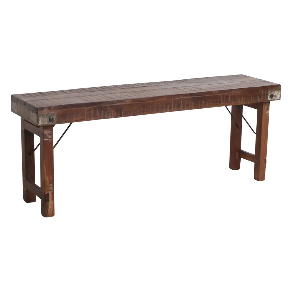 Banc pliant en bois recyclé brun avec renforts métal noir, 120x30 cm