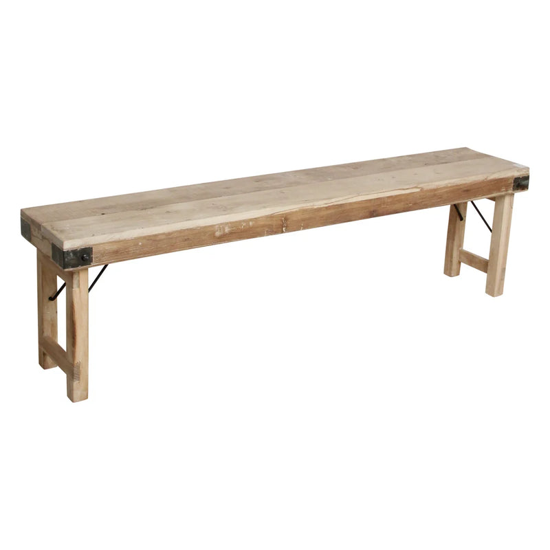 Banc pliant en bois recyclé naturel avec ferrures noires – 160x30 cm