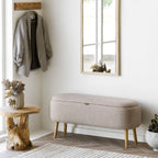 Banc de rangement bouclé beige pieds bois clair 95x37 cm