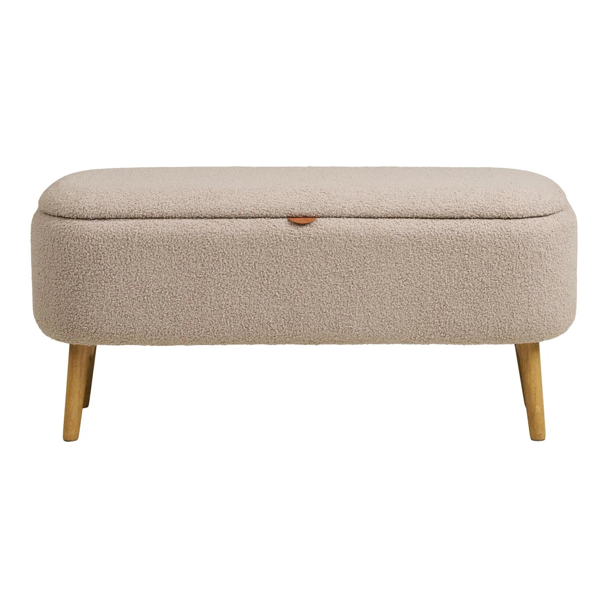 Banc de rangement beige bouclé, pieds bois clair, forme capsule 95x37 cm