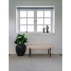 Banc rectangulaire beige en tissu bouclé, pieds métal noir, 100x36 cm