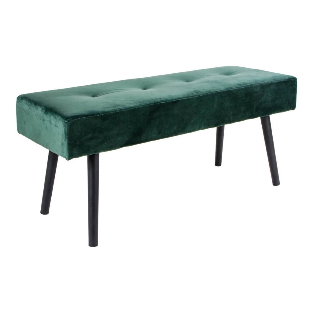Banc rectangulaire en velours vert émeraude capitonné, pieds noirs fuselés 100x35 cm