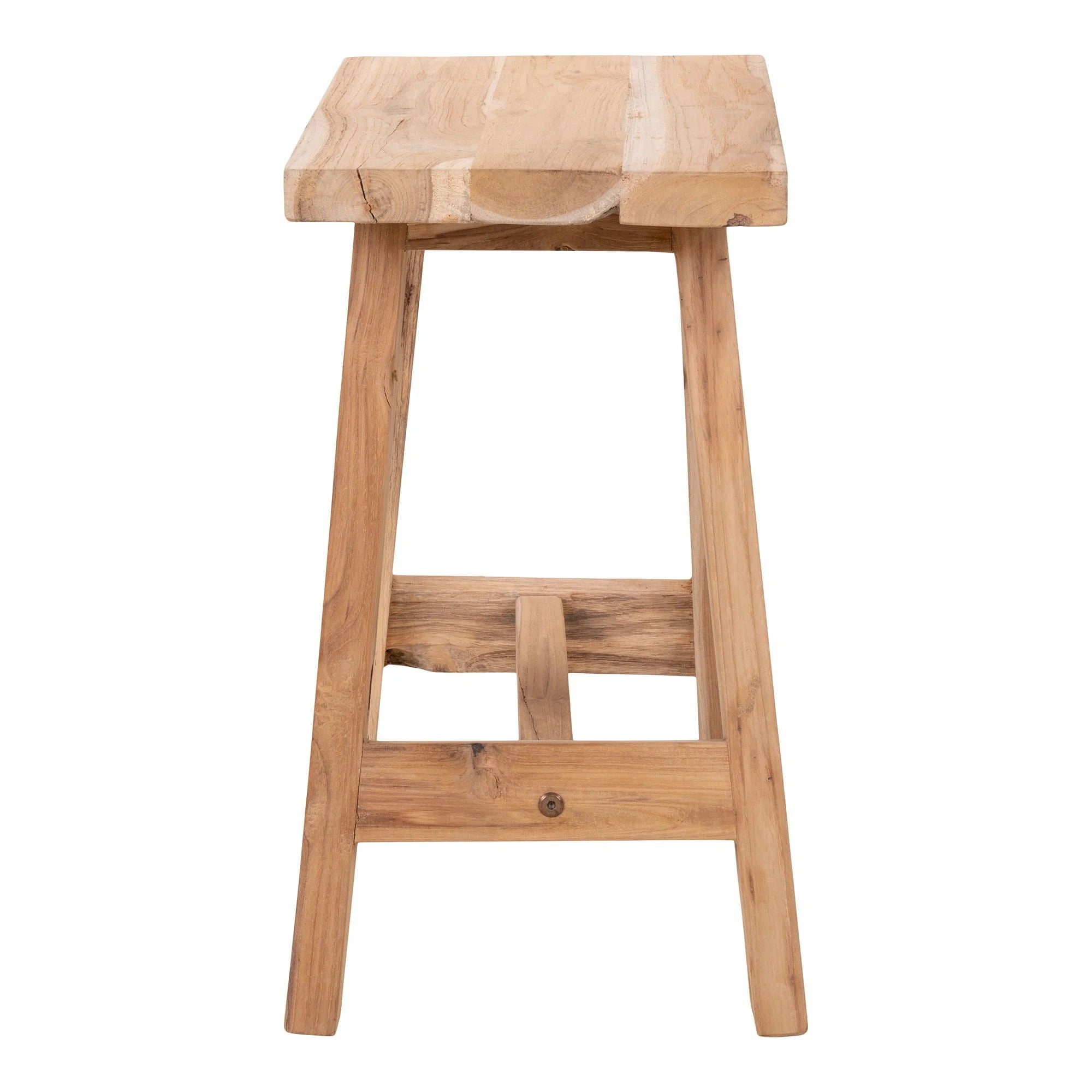 Tabouret de bar en teck massif, finition naturelle rustique, grain visible, 50x25 cm