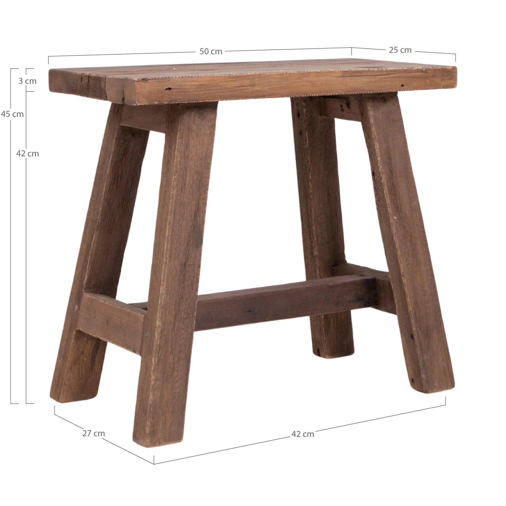 Banc en teck massif, finition naturelle, assise basse rectangulaire 50x25 cm
