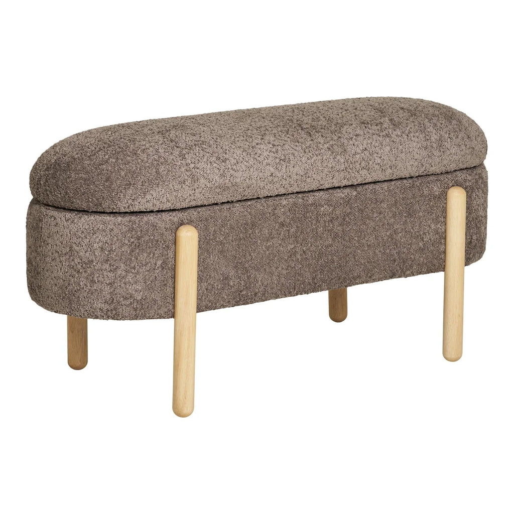 Banc de rangement ovale en bouclé taupe, pieds bois clair 98x41 cm