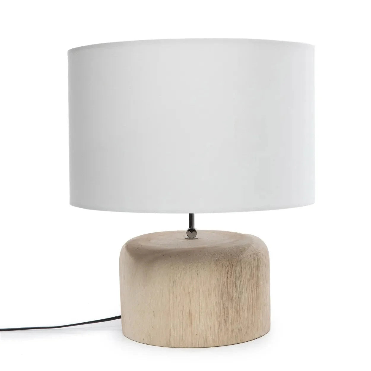 Lampe de table cylindrique en teck naturel avec abat-jour blanc et câble inclus