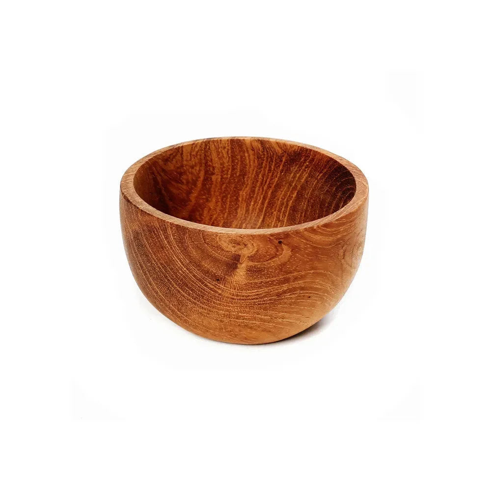 Bol en bois de teck naturel rond avec grain visible, idéal pour sel ou épices