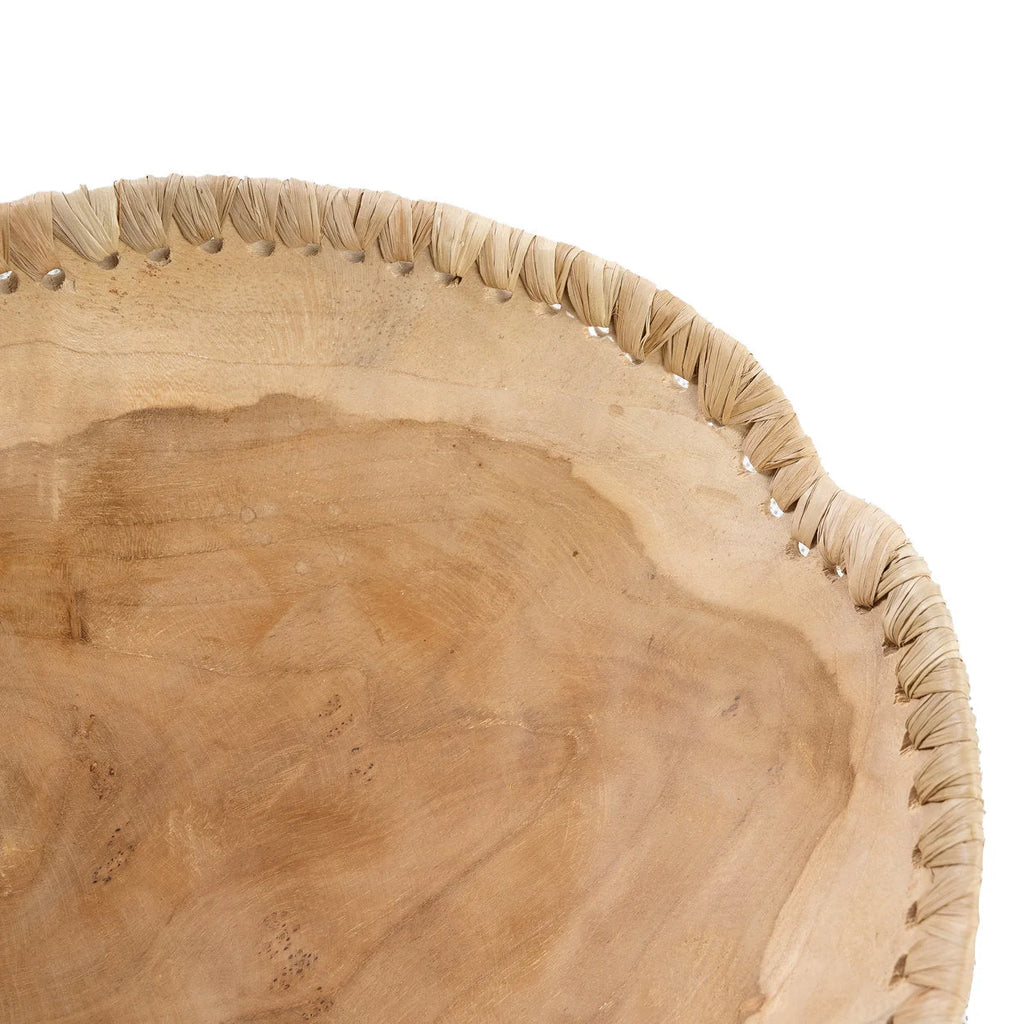 Bol décoratif en bois de teck naturel avec bord tressé en raphia Ø30 cm