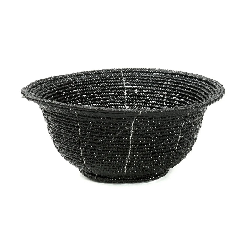 Bol décoratif rond en perles noires tressées motif lignes blanches