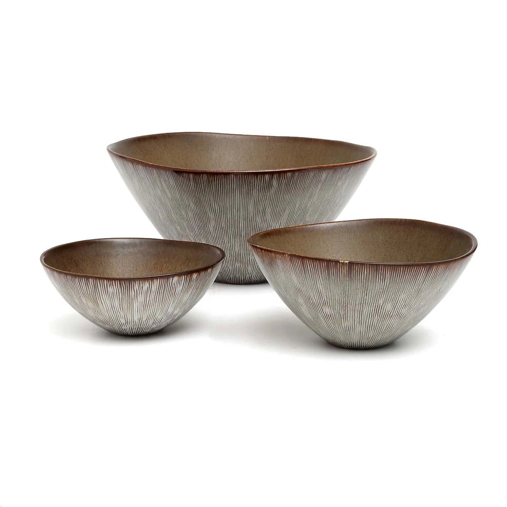 Bol en grès émaillé organique brun beige strié, texture nervurée gris brun