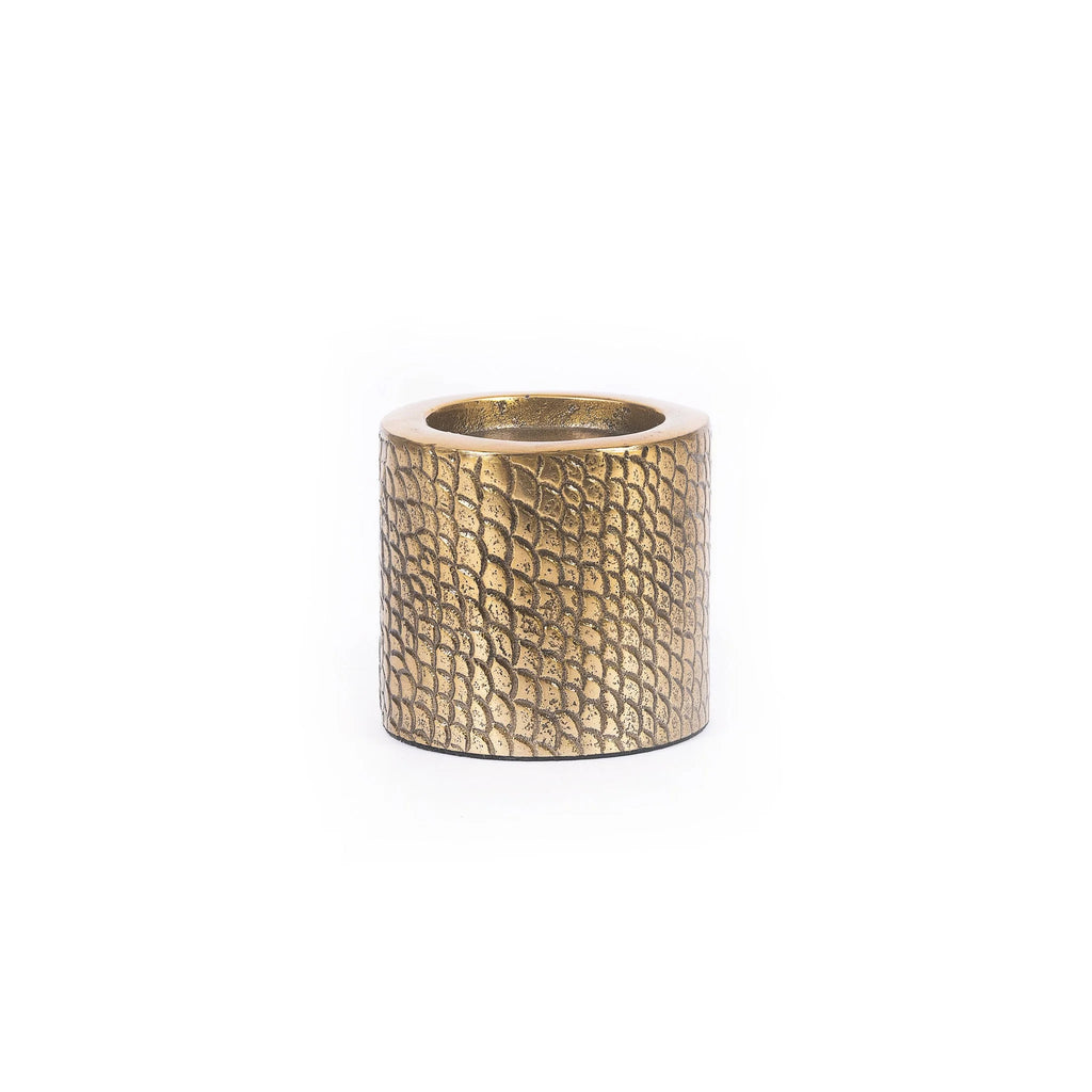 Bougeoir en métal doré relief écailles forme cylindrique