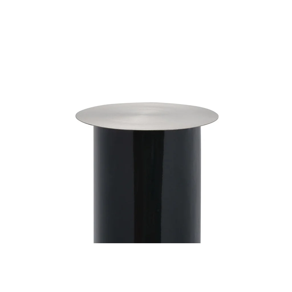 Bollard cylindrique noir en métal avec dessus en acier brossé brillant, H70 cm