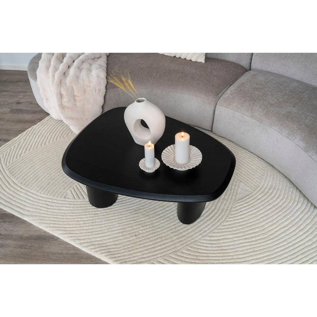 Table basse ovale noire avec pieds ronds – Bougeoirs en ciment blanc pierre plissée, set de 2