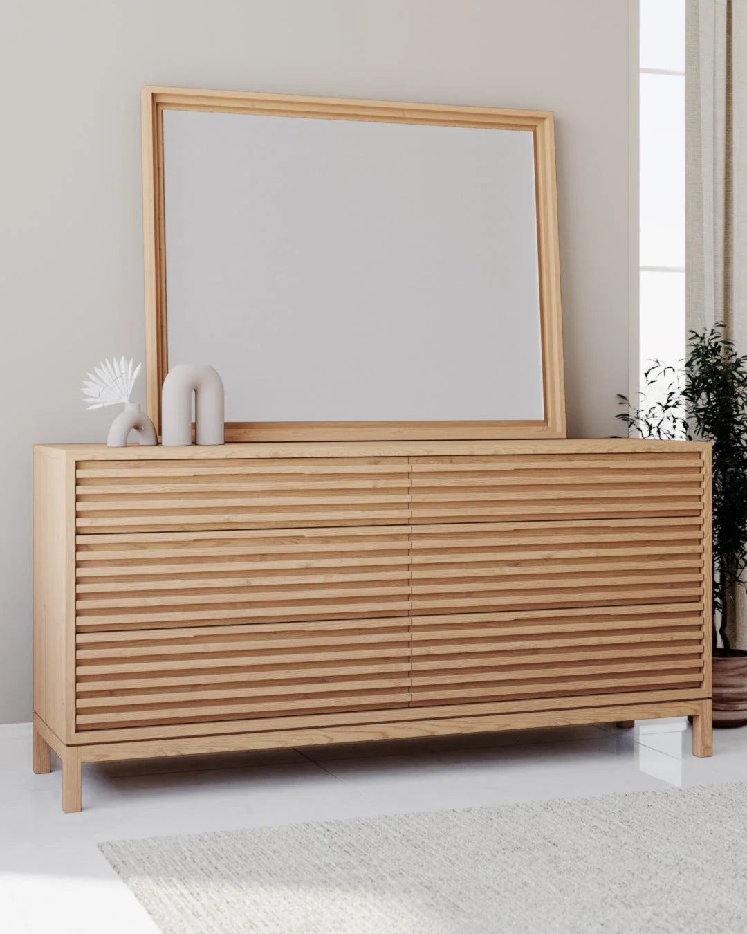 Commode en bois clair slatté japandi avec miroir, 173x46 cm