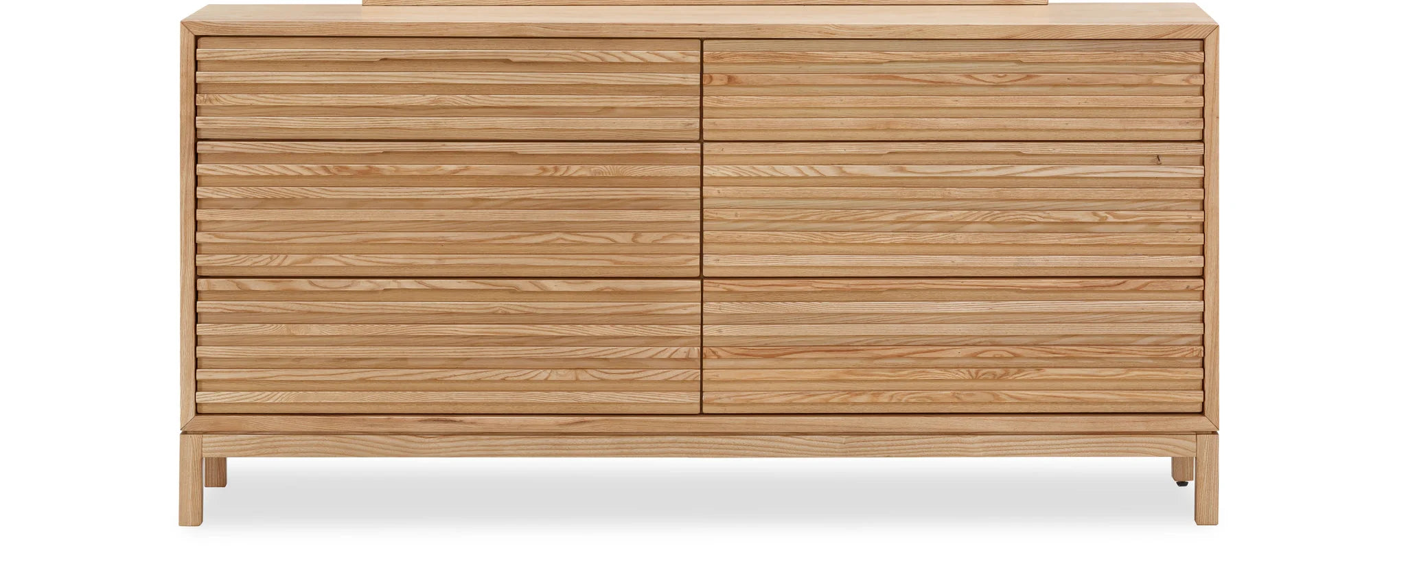 Commode japandi minimaliste en bois clair, 6 tiroirs slatés, 173x46 cm