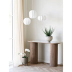 Table console ovale en bois moderne, pieds cannelés, plateau marbre lisse